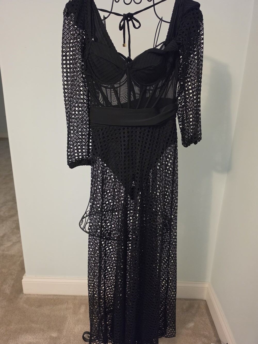 Cut Out Black Mesh Knit Dress/ Bathing Suit  with Corset Bodice - Picture 4 of 7
